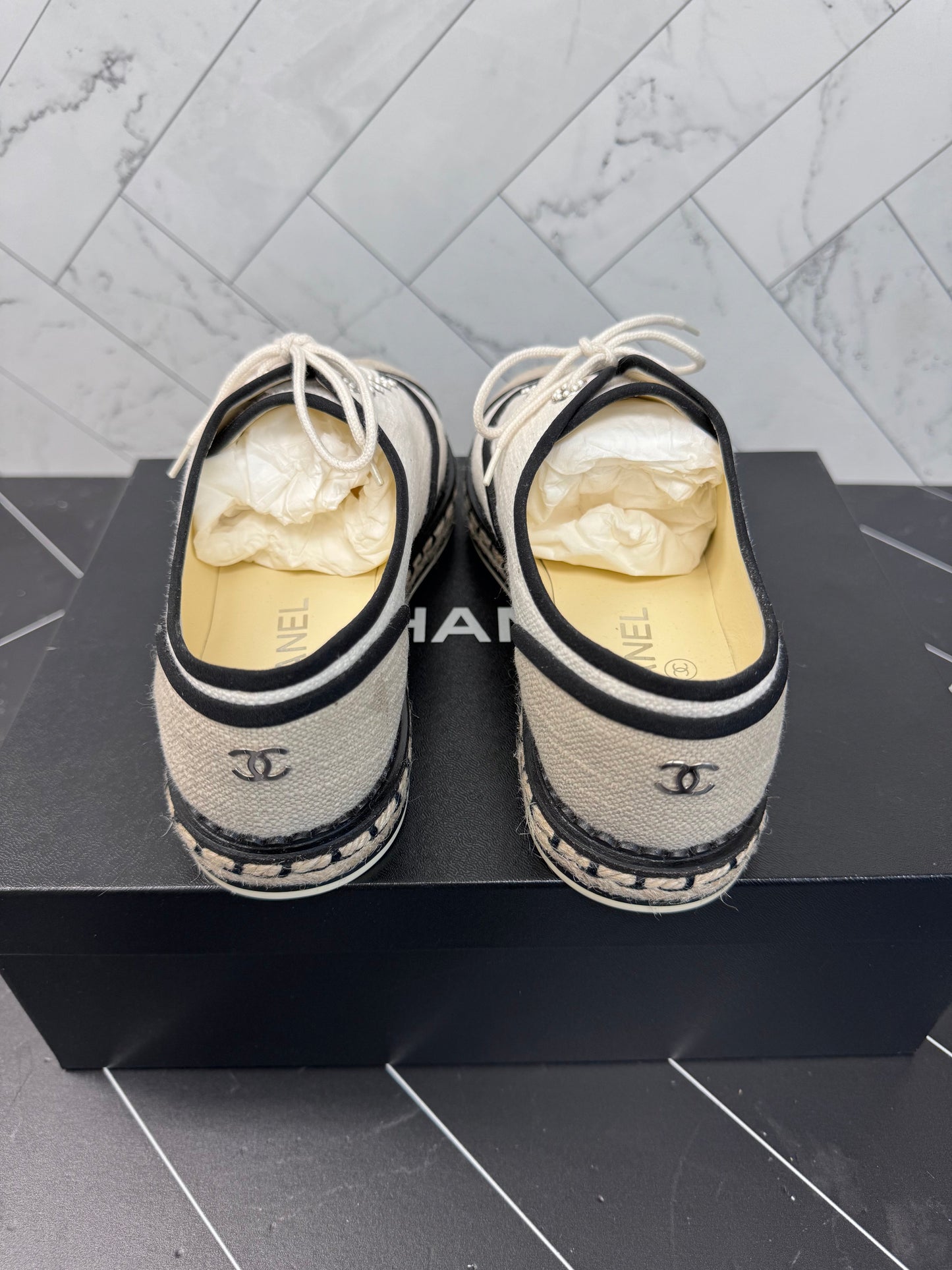 BRAND NEW- Chanel Beige Cotton Lace Up Espadrilles Size 36.5