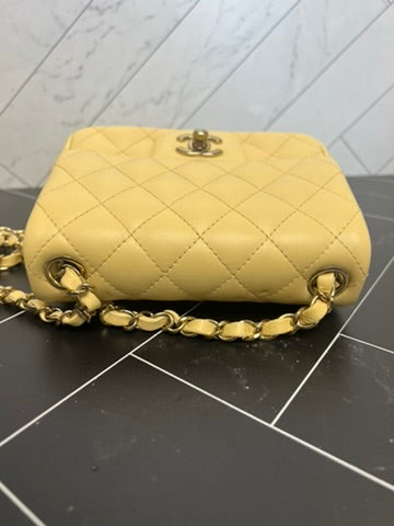 BRAND NEW Chanel Yellow Lambskin Quilted Mini Square Crossbody