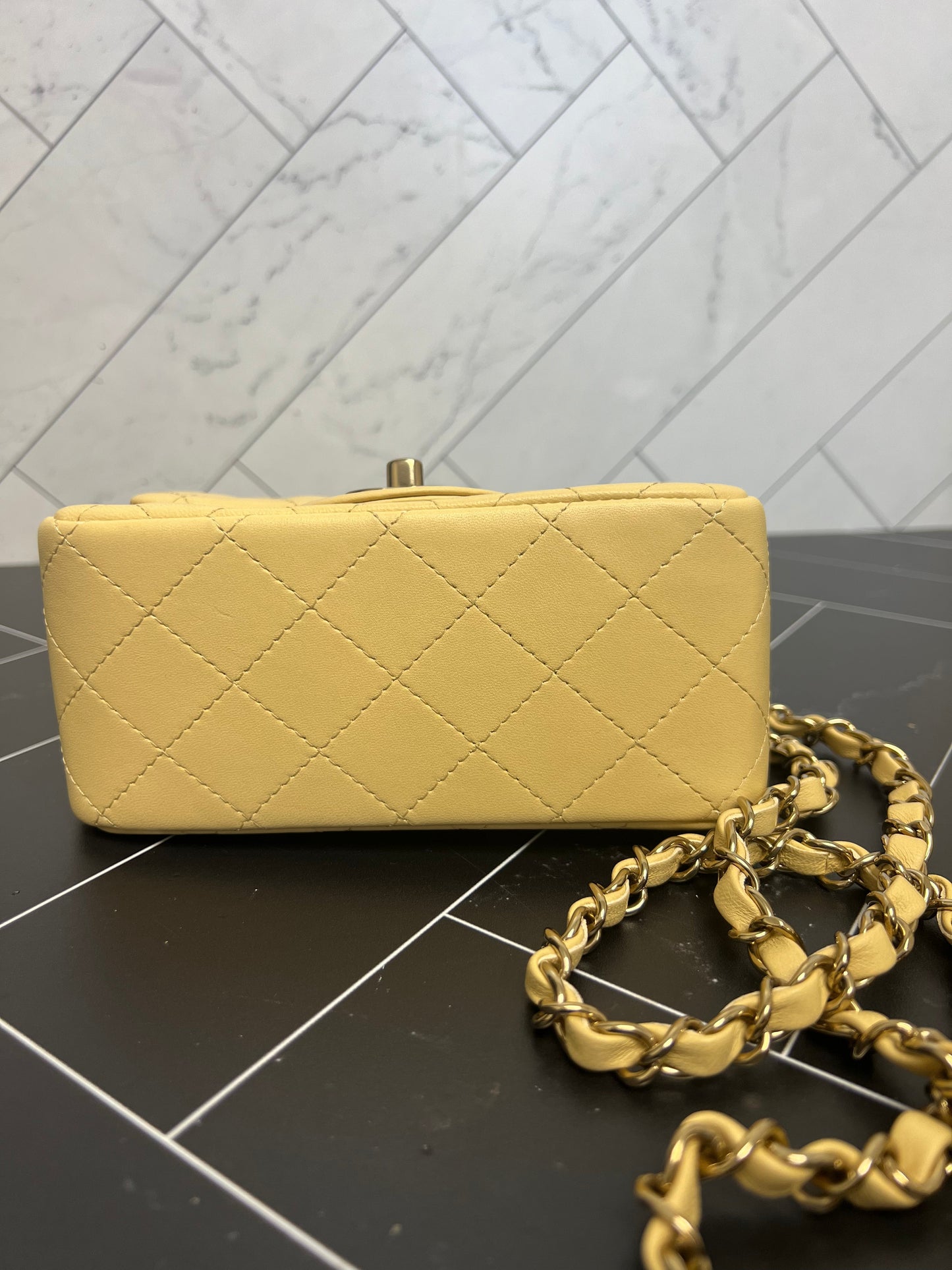 BRAND NEW Chanel Yellow Lambskin Quilted Mini Square Crossbody