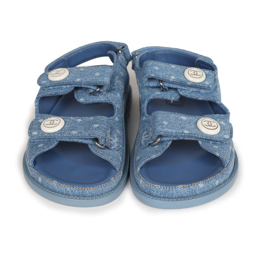 Chanel Dad Sandals Blue Denim Silver Hardware 38 EU