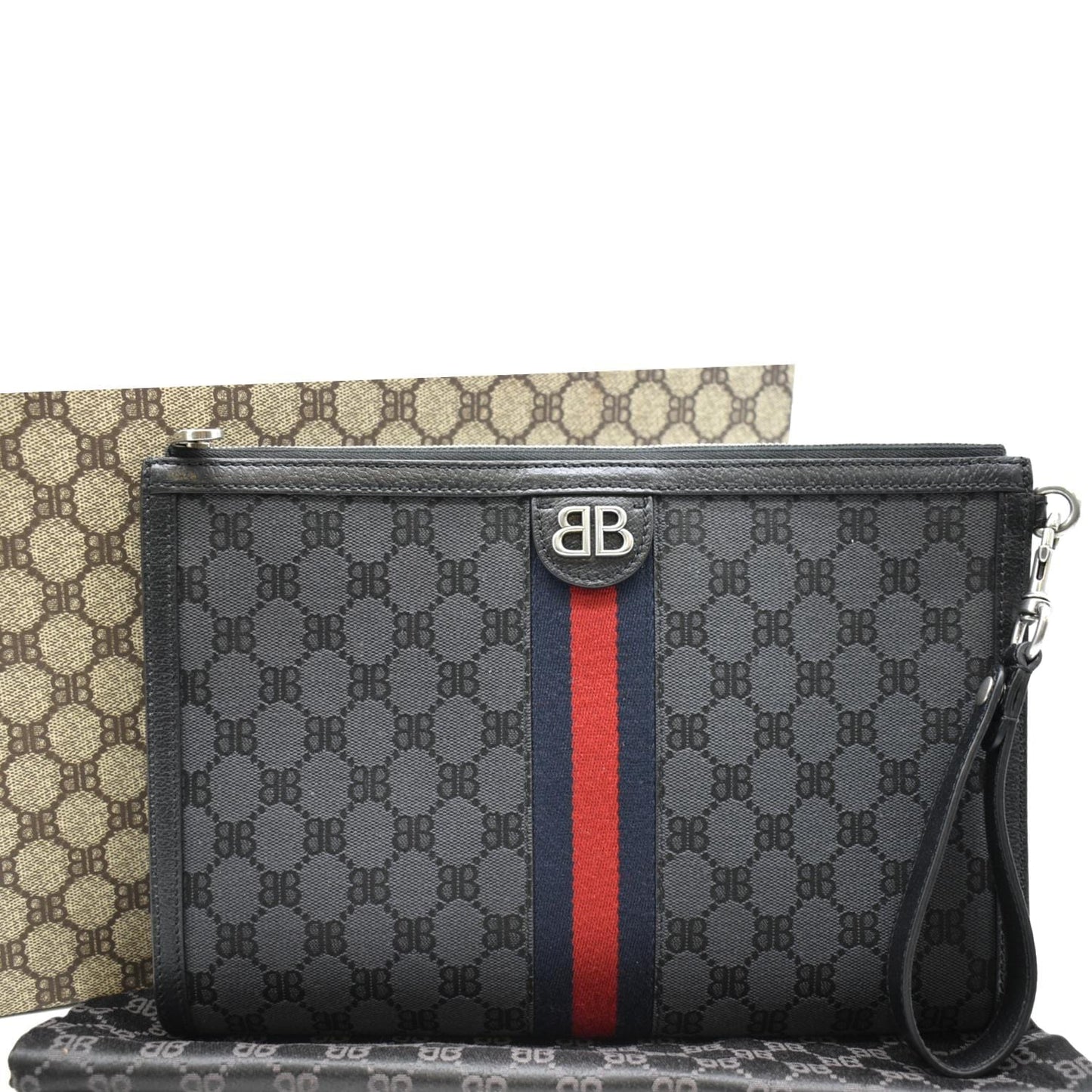 BALENCIAGA X Gucci Hacker Project Web BB Canvas Wristlet Clutch Black 680382