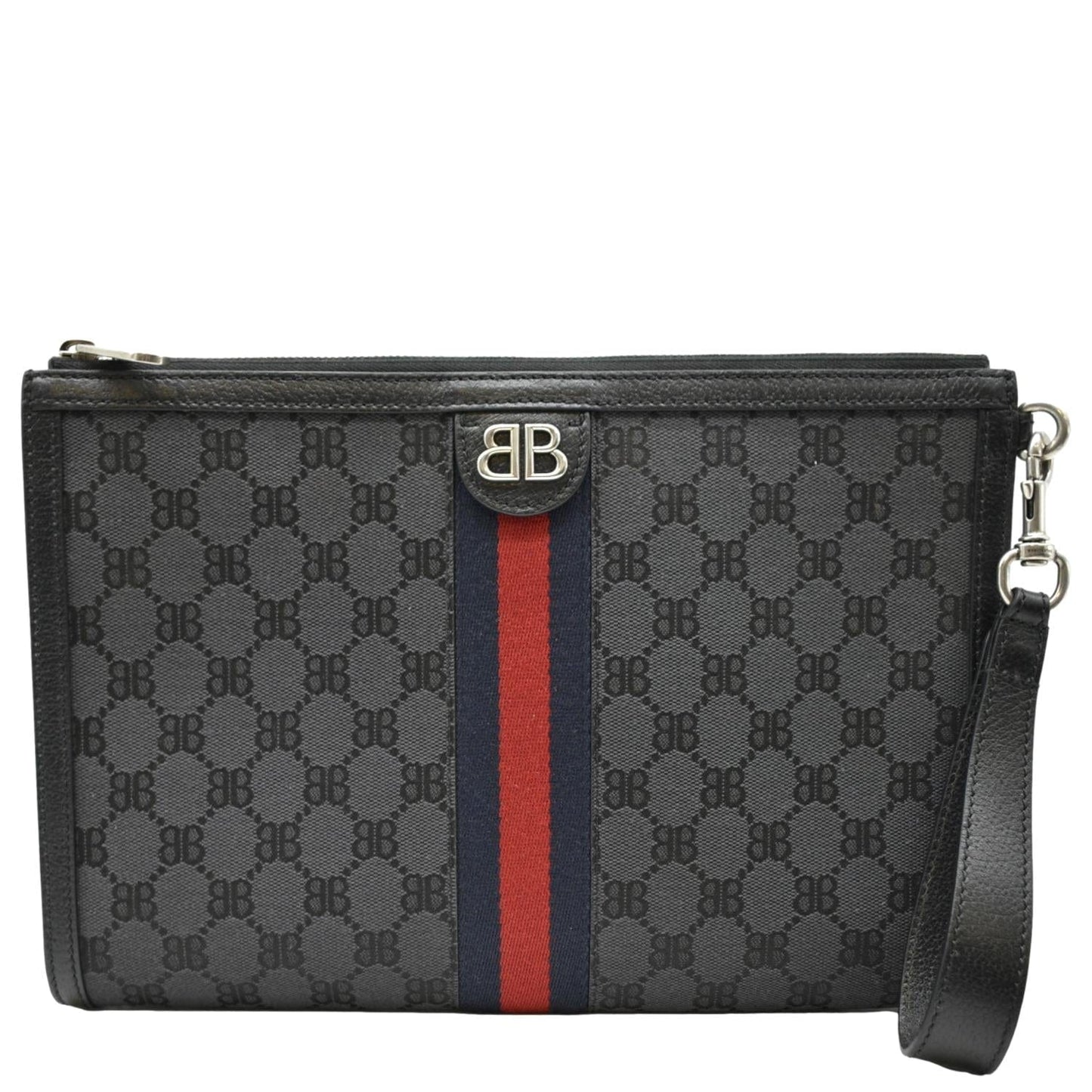 BALENCIAGA X Gucci Hacker Project Web BB Canvas Wristlet Clutch Black 680382