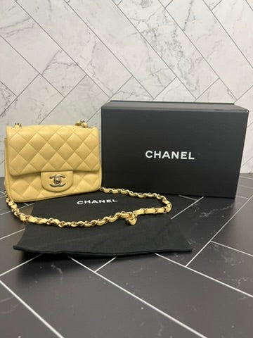 BRAND NEW Chanel Yellow Lambskin Quilted Mini Square Crossbody